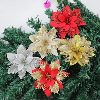  10 Vnt Aukso Milteliai Kalėdinė Kalėdų Medžio Apdaila Plastiko, Dirbtinės Gėlės Galvos 